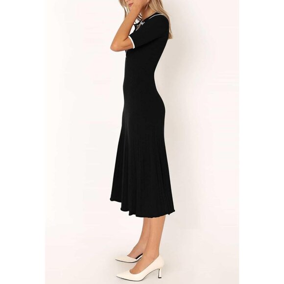 Pink Queen V Neck Short Women's Black Ribbed Swing Knit Midi Dresses - Picture 4 of 5